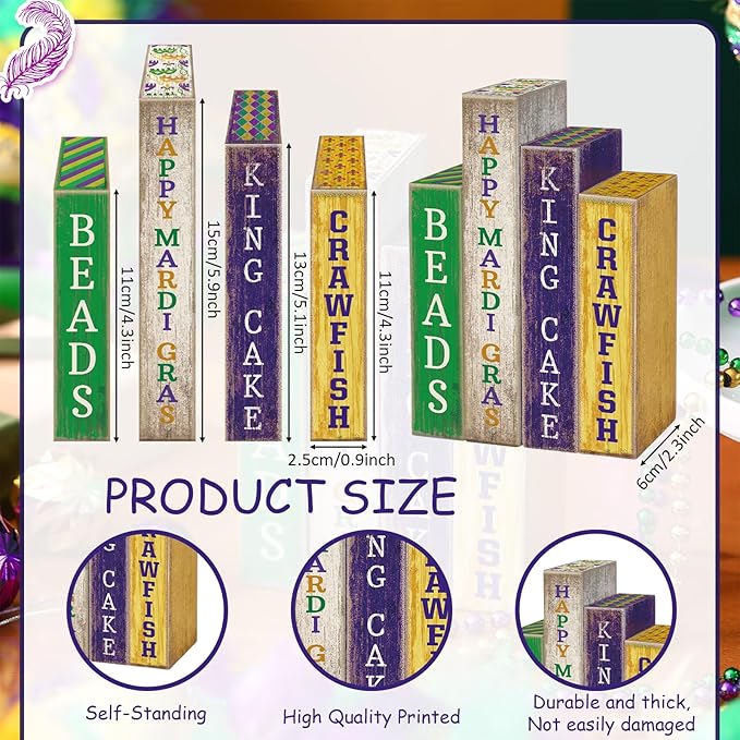 4 Pcs Mardi Gras Table Decor Rustic Wooden Book Sign Carnival Tiered Tray Decor Farmhouse Tabletop Sign Centerpieces for Mardi Gras Carnival Home Shelf Decoration