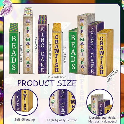 4 Pcs Mardi Gras Table Decor Rustic Wooden Book Sign Carnival Tiered Tray Decor Farmhouse Tabletop Sign Centerpieces for Mardi Gras Carnival Home Shelf Decoration
