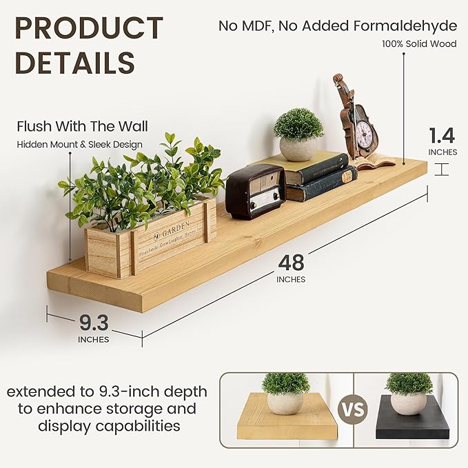 Marsmiles 48 Inch Floating Shelf | 9.3 Inch Deep Natural Wood Wall Shelf Set of 1 | Rustic Reclaimed Wood Shelves for Room Wall | Farmhouse Floating Shelves for Living Room Bathroom