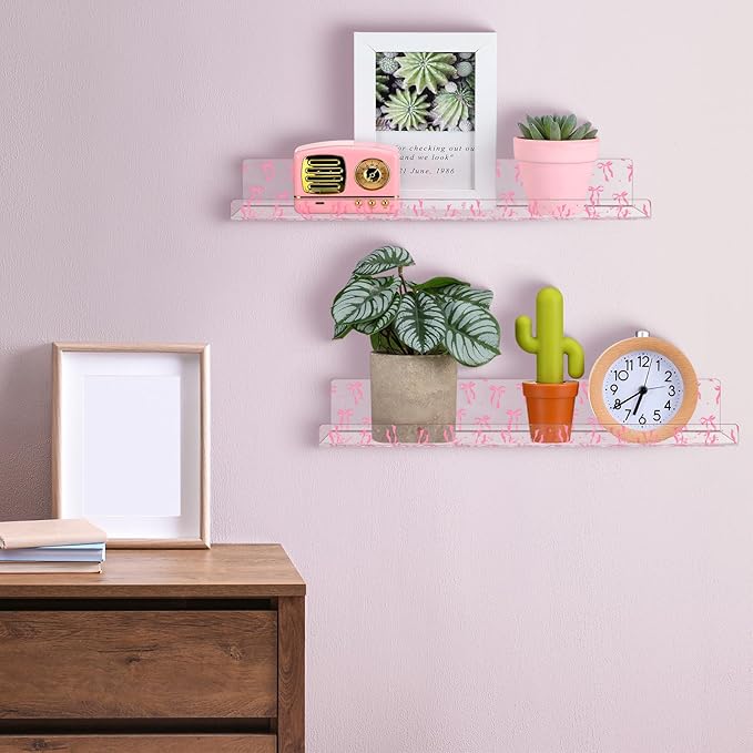 Honeydak 2 Pcs Pink Bow Acrylic Floating Shelves 15 Inch Coquette Acrylic Wall Shelves Pink Bow Display Wall Mounted Bookshelf for Bathroom Bedroom Living Room Kitchen Room Decor