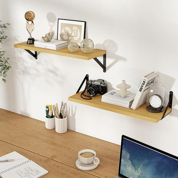 Floating Shelves, 8 Inch Deep Rustic Wood Wall Storage, 24W x 8D Wall Shelves Set of 2, Heavy Duty Metal Brackets, Industrial Book Shelf for Living Room, Kitchen, Bathroom, Bedroom, Oak
