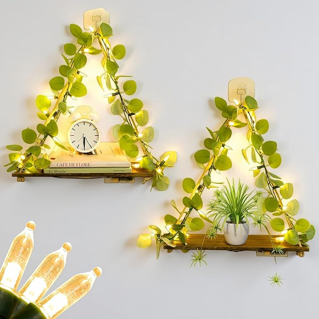 Macrame Hanging Shelf for Wall Decoration with Eucalyptus Lighted Garland,2 Pack Boho Hanging Shelves&Greenery Eucalyptus Garland with Lights for Bedroom Living Room Boho Wall Décor, Wedding Décor
