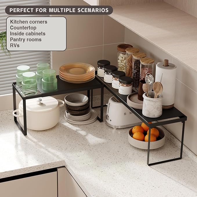 Expandable Cabinet Shelf Organizer, 2 Pack Stackable Kitchen Counter Shelf Riser, Metal Spice Rack Adjustable Heavy Duty Countertop Organizer Storage for Kitchen, Pantry, Cupboard, Rv (Black)