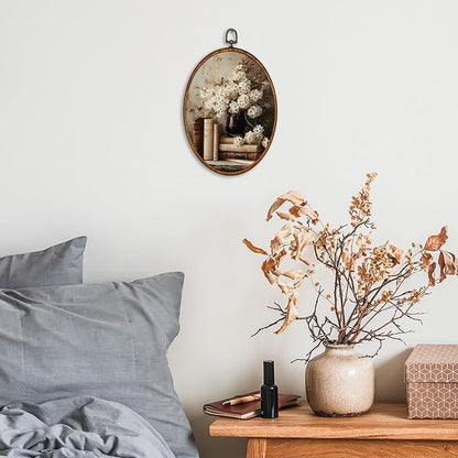 KSDUT Retro Flower Book Wall Art Decor - Neutral Mid Century Modern Wall Art Canvas Frame Hanging Prints, Vintage Dark Academia Floral Oval Artwork Decor for Gallery Home Decorations 8.6"x11.4"