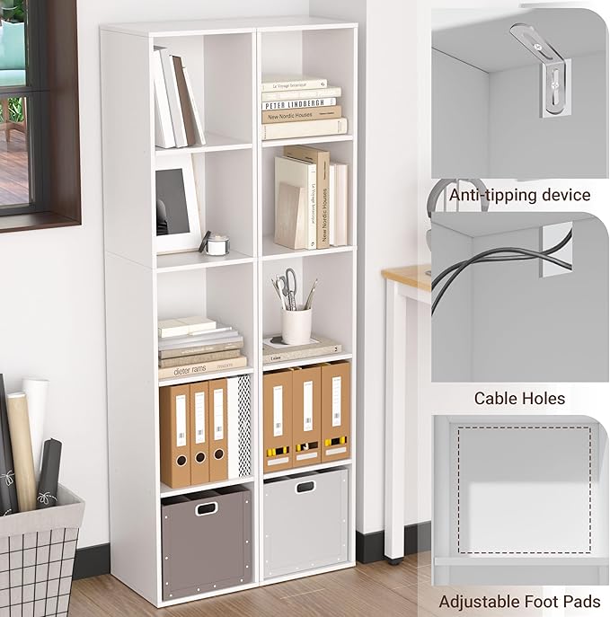 5 Cube Storage Organizer, 5 Tier Cube Low Bookcase Freestanding Storage Display Organizer, Five-Cubes Open Shelf Bookshelf for Home Office White, 5-Cube