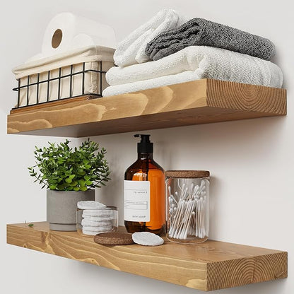 BAOBAB WORKSHOP Natural Wood Floating Shelves for Wall 24 inch - Floating Wall Shelves for Kitchen Bedroom - Wooden Bathroom Shelves - Oak Floating Shelf - 24 x 6.7 Inch, Set of 2