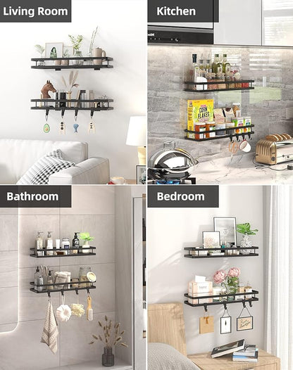 Spice Rack Organizer Wall Mount - 15.7in 2Pack [Upgraded Version] Hanging Seasoning Organizer Shelf with Paper Towel Holder, Storage for Cabinet or Wall Mounted with 4 Strong Hooks (Simple black)