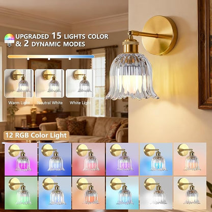 Vintage Battery Operated Wall Sconce with Transparent Stripe Glass Lampshade Rechargeable Battery Powered Wall Light with Remote Control for Bedside Bedroom Bathroom, Set of 2