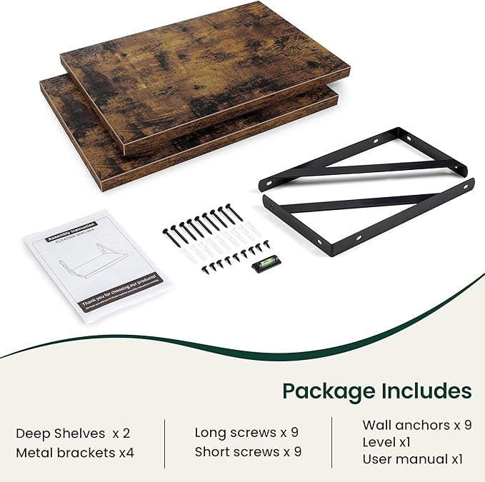 Floating Shelves, 12 Inch Deep Rustic Wood Wall Storage, 16W x 12D Wall Shelves Set of 2, Heavy Duty Metal Brackets, Large Industrial Book Shelf for Living Room, Kitchen, Bedroom, Brown