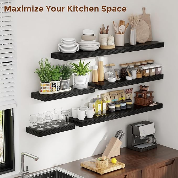 Heimlove 16 Inch Floating Shelves for Wall Black Shelves Set of 2,Wall Mounted Rustic Wood 8 Inch Deep Floating Shelf with Invisible Brackets for Bedroom Kitchen Living Room