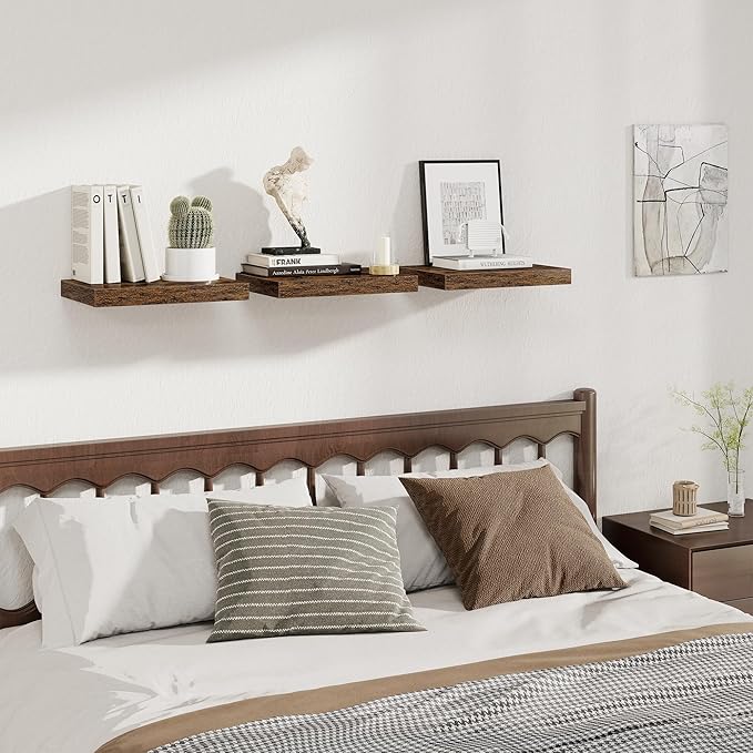 Fun Memories 12 Inch Deep Floating Shelves, 16 x 12 Wooden Wall Shelves, Extra Deeper & Thicker Rustic Wall Mounted Storage Shelf for Fireplace, Living Room, Kitchen, Farmhouse, Rustic Brown - 3Pack