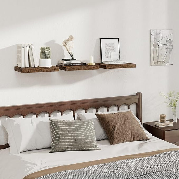 Fun Memories 12 Inch Deep Floating Shelves, 16 x 12 Wooden Wall Shelves, Extra Deeper & Thicker Rustic Wall Mounted Storage Shelf for Fireplace, Living Room, Kitchen, Farmhouse, Rustic Brown - 3Pack
