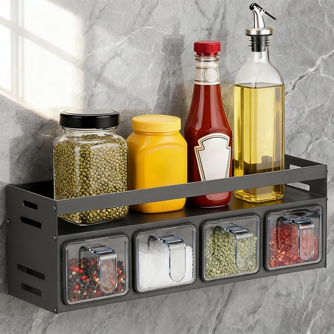 Kitchen Spice Rack, Kitchen Organizer and Storage Rack with 4 Spoons, Spice Organization for Cabinets Punch-free Wall/Countertop Home Decor Multifunctional Double Layer 4 Grid Condiment Rack, Gray