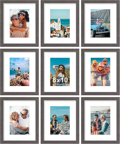 Vittanly 8x10 Picture Frames Set of 9, Shatter Resistant Plexiglass, Display 5x7 Pictures with Mat or 8x10 without Mat, Photo Frames for Wall or Tabletop, Engineered Wood, Dark Grey