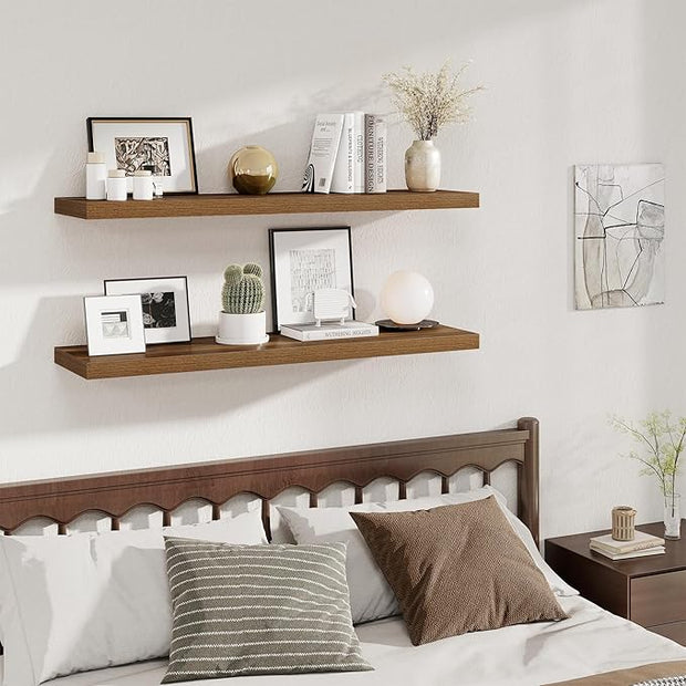 Fun Memories 12 Deep Floating Shelves for Wall, 48W x 12D Extra Large Floating Shelves Set of 2, Hanging Wood Wall Shelves for Living Room, Kitchen, Bedroom, Farmhouse, Laundry Room, Office - Walnut