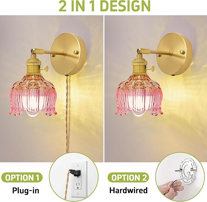 Plug in Wall Sconces Set of 2, Plug in Wall Lamp, Vintage Wall Light with Pink Tulip Glass Lampshade, 3-Way Dimmable with Dual Switches, No Wiring Needed for Bedroom Wall Decor and Hallway
