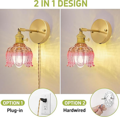 Plug in Wall Sconces Set of 2, Plug in Wall Lamp, Vintage Wall Light with Pink Tulip Glass Lampshade, 3-Way Dimmable with Dual Switches, No Wiring Needed for Bedroom Wall Decor and Hallway