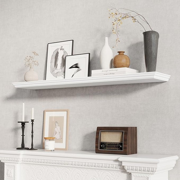 Fun Memories Floating Shelves 48 Inch Long, 9.3 Inch Deep Classic Crown Molding Floating Shelves for Wall, Rustic Wooden Shelves for Wall Decor Bathroom, Kitchen, Office, (White, 1Pack)