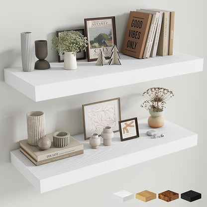 Fun Memories 32 x 12 Floating Shelves Wall-Mounted - Rustic Wood Shelf - 12 Inch Deep Floating Shelves for Wall - Large Storage Shelf for Bathroom - Kitchen & Bedroom - White - Set of 2