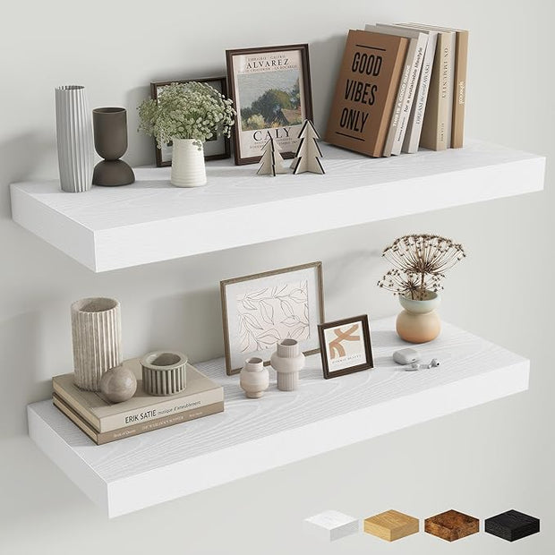 Fun Memories 32 x 12 Floating Shelves Wall-Mounted - Rustic Wood Shelf - 12 Inch Deep Floating Shelves for Wall - Large Storage Shelf for Bathroom - Kitchen & Bedroom - White - Set of 2