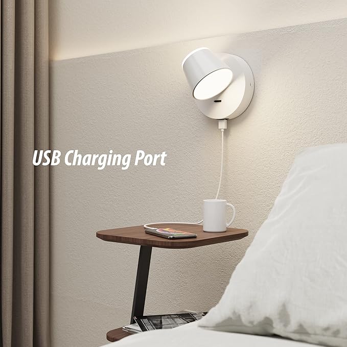 URSOLA Wall Light Set of Two, LED Wall Sconce with On/Off Switch USB Charging Port 110 Volt Hardwired Wall Lamp 350 Rotatable Up Down Sconces Wall Lighting (White)