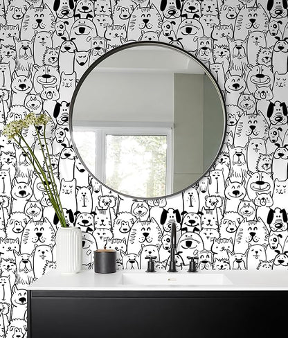 Peel and Stick Wallpaper Contact Paper Black and White Wallpaper Modern Dog Animal Wall Paper Textured Self Adhesive Removable Wallpaper for Nursery Kids Room Shelf Liner Vinyl Roll 78.7"x17.3"