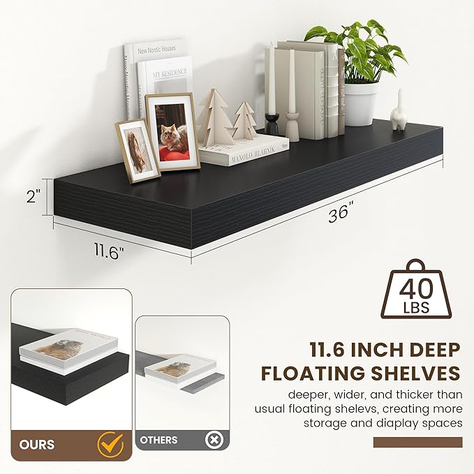 12 Inch Deep Floating Shelves | 36 Inch Black Floating Shelves | 36