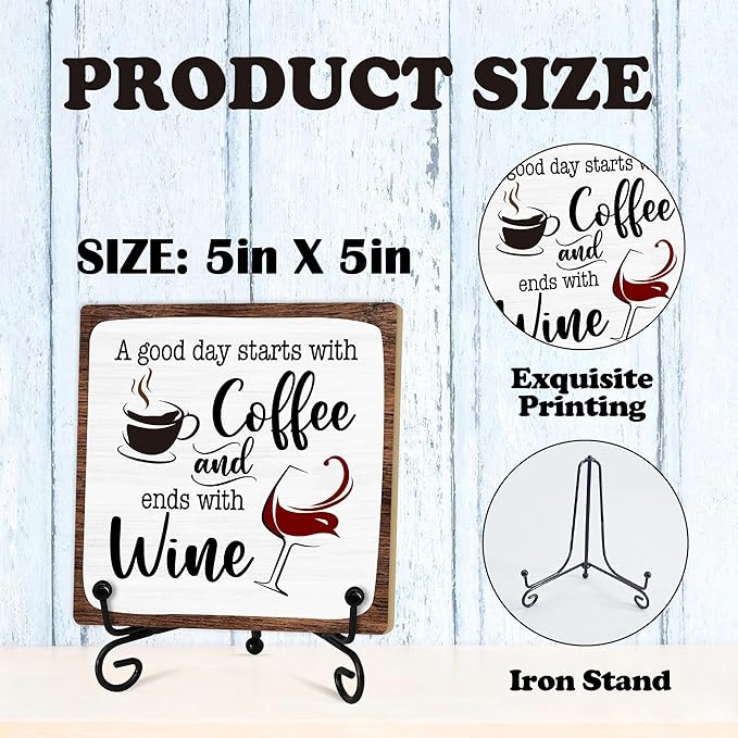 Coffee And Wine Desk Decor Sign, Rustic Wooden Sign With Stand, A Good Day Starts With Coffee And Ends With Wine Sign For Farmhouse Home Kitchen Bar Shelf Table, Gifts For Family Friend Coworker-01