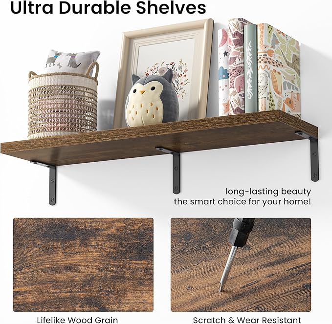 Marsmiles Extra Wide Floating Shelves for Wall, 32x8 Inch Natural Wood Grain Bookshelves, Heavy Duty Mounted Shelving for Bathroom, Kitchen, Living Room, Bedroom,Set of 2，Rustic Brown