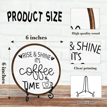 Coffee Desk Decor Sign, Farmhouse Wood Plaque, It Is Coffee Time Wood Sign, Cafe Lover Gifts, Decor For Home Kitchen Table Top, Wooden Round Decorations With Stand-14