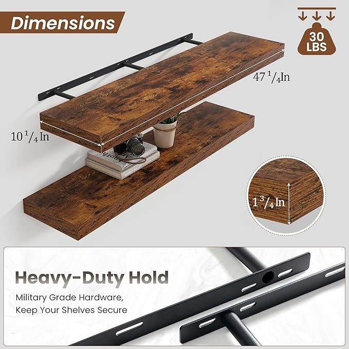Heimlove Floating Shelves for Wall 48 Inch Long,Extra Large and Thick Wood Shelves Mounted Storage Hanging Shelf Invisible Bracket for Bedroom,Living Room,Kitchen,Office,Set of 2,Rustic Brown