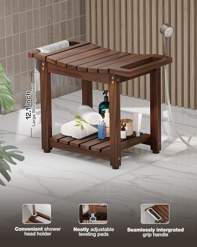 BLUEWEST Shower Bench Seat with Storage Shelf, Natural Wood Shower Benches for Inside Shower to Sit on, Waterproof Bathroom Spa Bench Stool for Legs Shaving with Built-in Handle & Shower Head Holder
