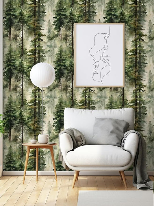 HAOKHOME Forest Peel and Stick Wallpaper Tree Wall Paper Wood Removable for Bedroom Green Contact Paper 17.3in x 6.6ft