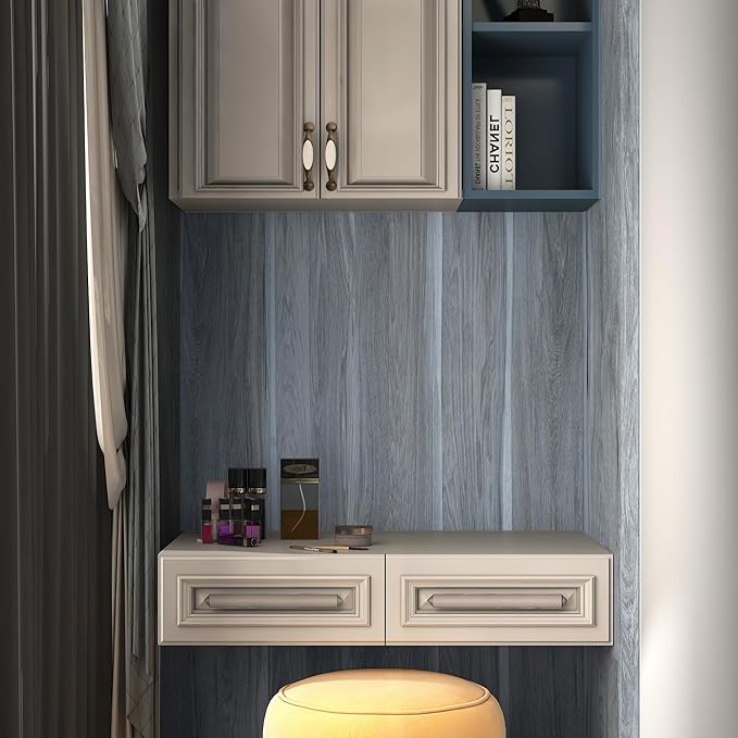 BOMENG Wood Grain Contact Paper Grey Wood Look Wallpaper Peel and Stick Countertop Covers with Air Guide Slot Design 16x118inch Kitchen Cabinet Wallpaper Cabinet Vinyl Wrap Natural Wood Stickers Paper