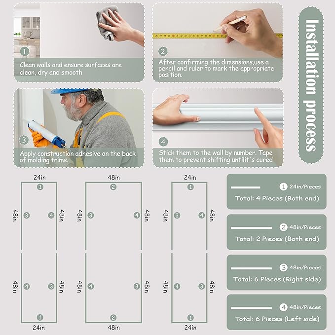 Sunnyglade 3 Frame Pre-Cut Wall Molding kit, Ready to Assemble Wainscoting Panels for Interior Wall Décor, Bedroom Living Room Office Accent Wall - Easy Installation with Glue (3)