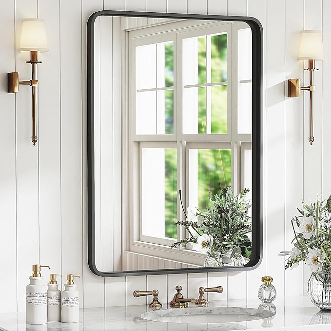 DUMOS Black Metal Bathroom Mirrors for Over Sink, 30x21 Inch Wall Mounted Vanity for Restroom, Farmhouse, Corner, Horizontally or Vertically Hanging