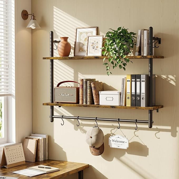 Merapi Industrial Pipe Floating Shelf with Towel Bar & Hooks - 31.5