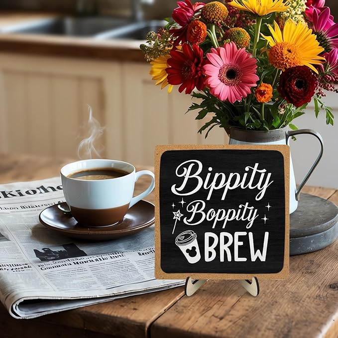 Coffee Bar Sign Plaque Decor,Bippity Boppity Brew Desk Decor for Kitchen,Coffee Bar Accessorie,Cute Wooden Tabletop Plaque, Rustic Farmhouse Shelf Sign for Home or Office Decoration 5.9x5.9Inch (Black)
