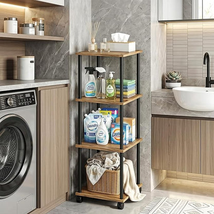 Bathroom Shelving Unit with Wheels, 4-Tier Narrow Open Floor Shelves, Metal Corner Slim Storage Rack for Bathroom Laundry Room Kitchen Living Room, Rustic Brown
