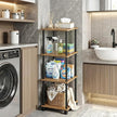 Bathroom Shelving Unit with Wheels, 4-Tier Narrow Open Floor Shelves, Metal Corner Slim Storage Rack for Bathroom Laundry Room Kitchen Living Room, Rustic Brown