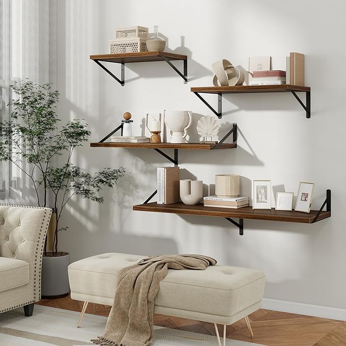 Floating Shelves, 12 Inch Deep Rustic Wood Wall Storage, 24W x 12D Wall Shelves Set of 2, Heavy Duty Metal Brackets, Large Industrial Book Shelf for Living Room, Kitchen, Bedroom, Walnut