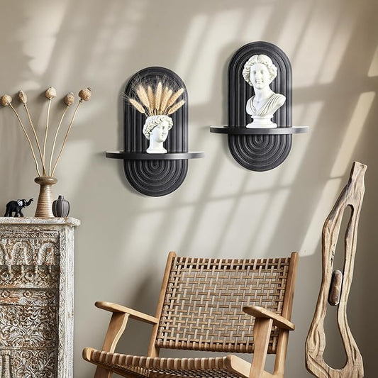 Set of 2 Boho Arched Floating Shelves 15.7”x 7.8”3D Wooden Hanging Shelf for Living Room Bedroom Nursery Mid Century Modern Wall Decor(Black, 11.7 * 15.7)