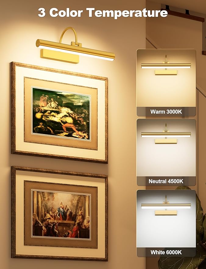 Bridika Picture Light for Wall with Remote, Rechargeable Battery Operated Picture Light, 3 Color Modes and Dimmable Classic Art Lights for Paintings, Gallery, Bedroom, Bathroom with Timer Gold 2