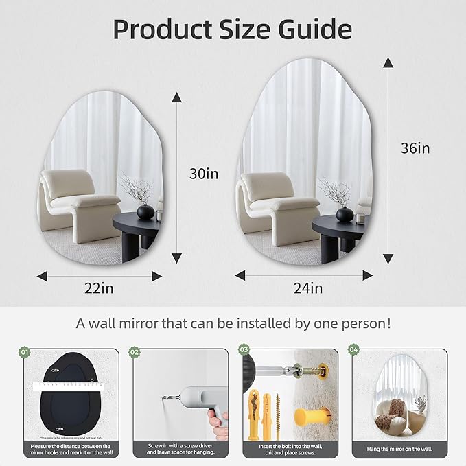 CULER Irregular Bathroom Wall Mirror,24 x 36 Inch Asymmetrical Frameless Vanity Modern Tempered Glass Mirror for Bedroom,Living Room,Entryway