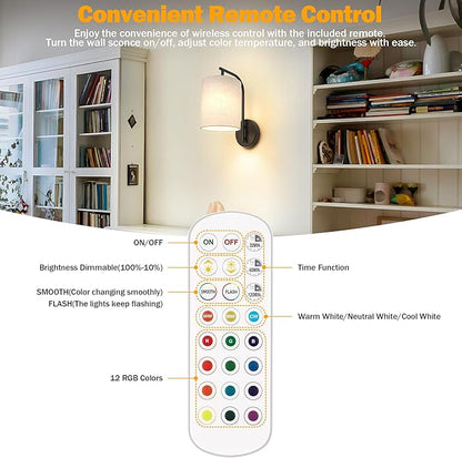 Battery Operated Wall Sconce Set of 2, Black Rechargeable Wireless Wall Light Fixture with Remote, 12 RGB Colors & Timer, Indoor Dimmable Wall Lamp with Linen Shade