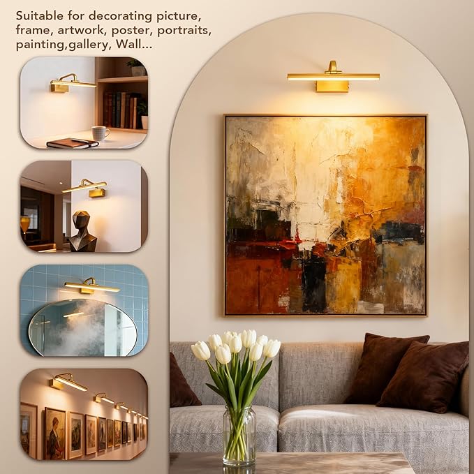 Picture Light,Picture Lights for Wall Cordless,Picture Lights with Timer and Dimmable,Battery Wall Lights for Display Gallery Painting Art Frame Portrait-L Brass