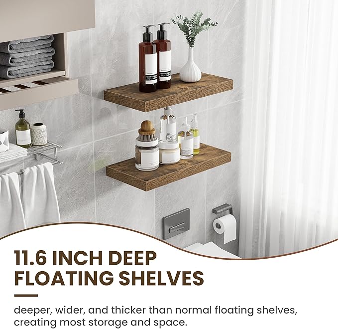 24 Inch Floating Shelves, 12 Inch Deep Floating Shelves for Wall, Floating Shelf with Invisible Brackets, Deep Shelves for Bathroom, Bedroom, Living Room, 2 Pack, Brown