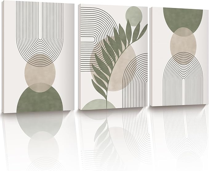 30x40CM Sage Green Boho Wall Art,Framed Canvas Bathroom Wall Art Pictures, Mid-Century Modern Wood Framed Abstract Prints for Bedroom,Minimalist Office Wall Decor 3Pack