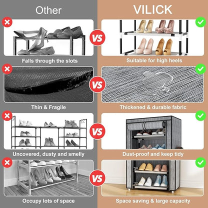 Shoe Rack with Cover Narrow Shoe Rack Organizer with 4 Side Pockets 10 Tier Tall Shoe Storage Shoe Shelf Holds 18-22 Pairs Shoes and Boots Shoe Rack for Closet, Printing