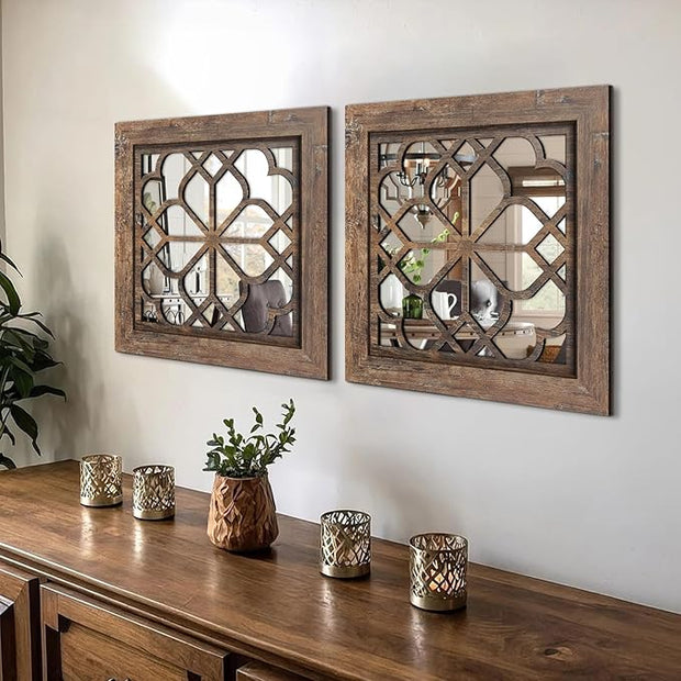 Set of 4 Boho Wall Mirrors with Carved Floral Design, 12x12 Inch Rustic Farmhouse Accent Mirrors, Vintage Style Shatterproof Square Mirror Decor for Living Room, Bedroom(Redbrown)